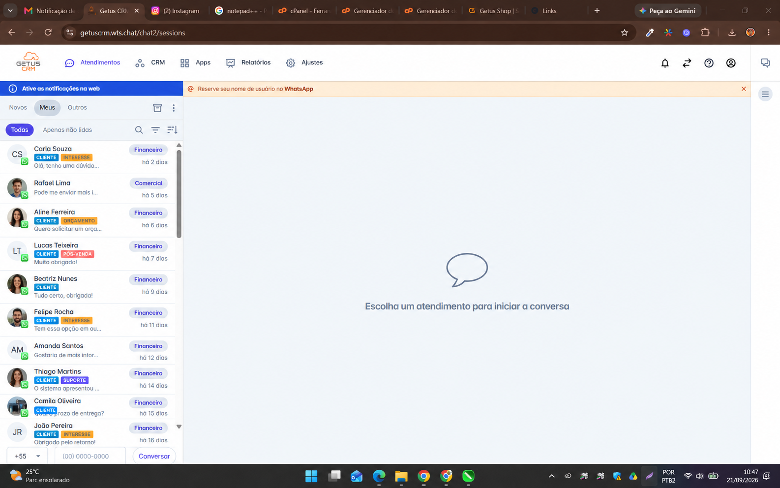 Caixa de atendimentos do Getus CRM