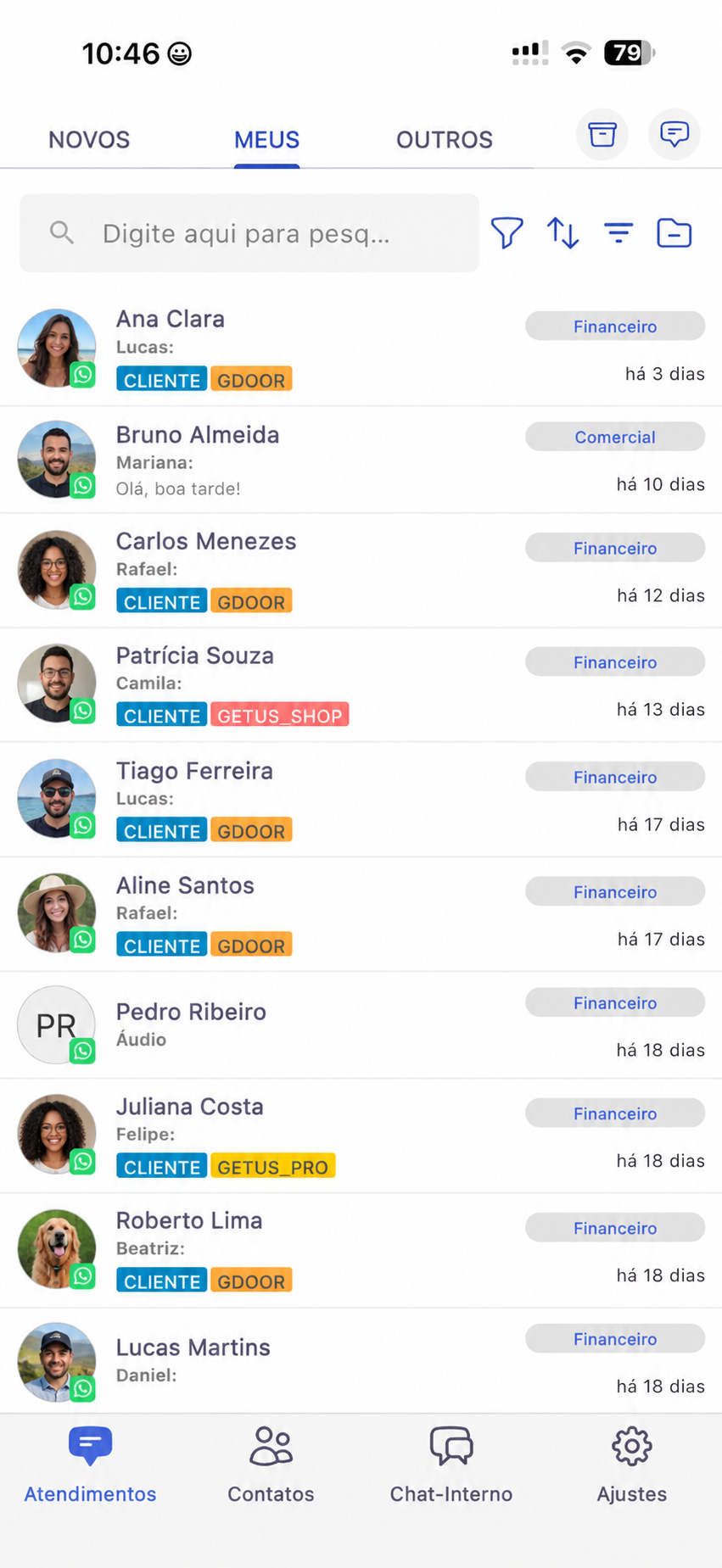 Atendimentos do Getus CRM no celular