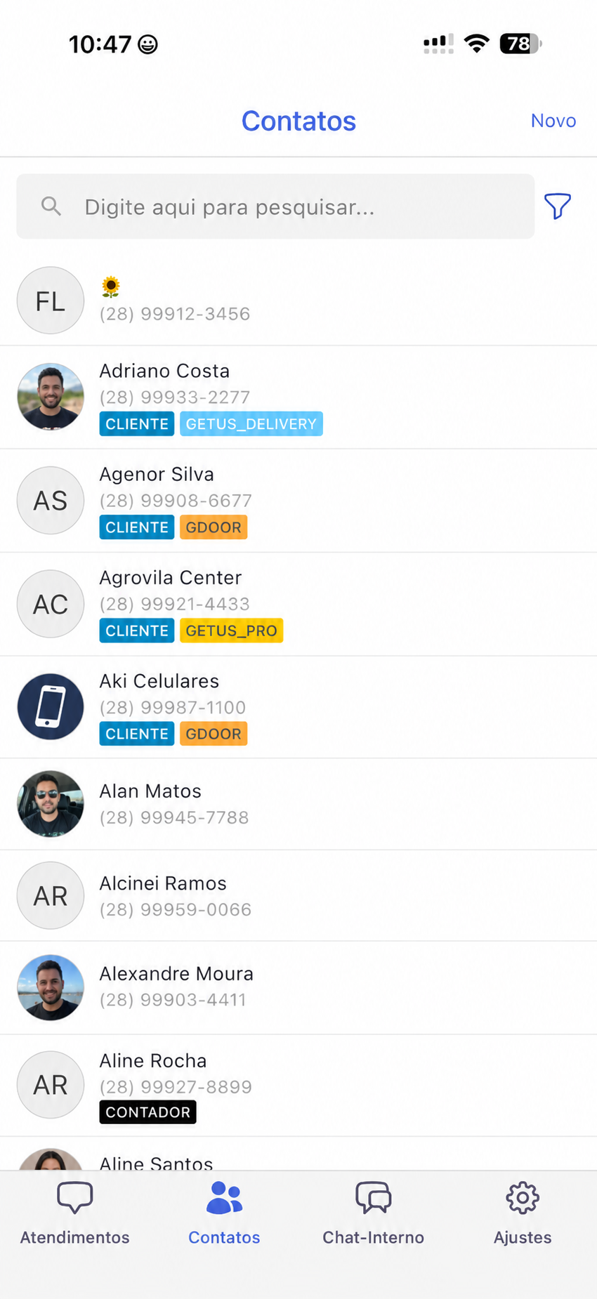 Contatos do Getus CRM no celular