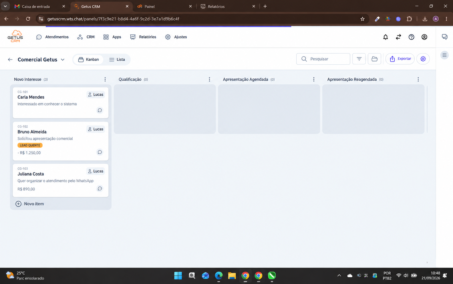 Funil comercial em Kanban do Getus CRM