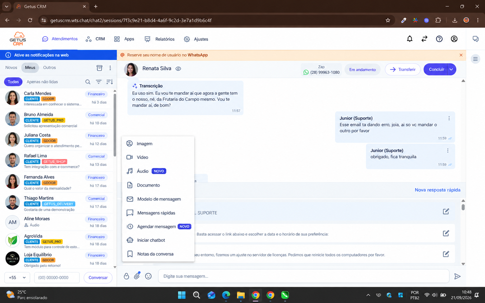 Atendimento do Getus CRM com opções de mensagens e automações