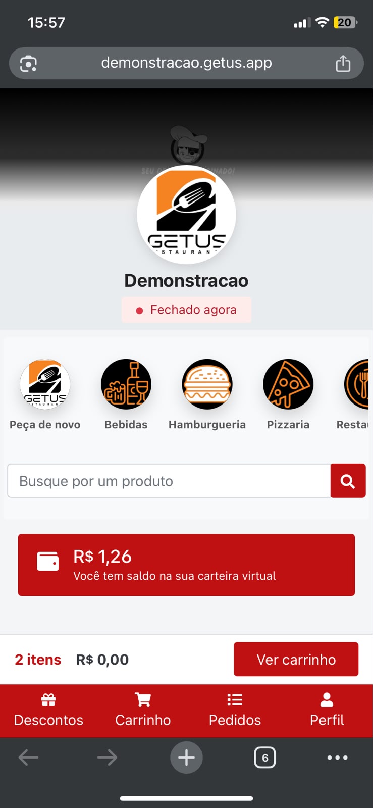 Tela inicial do cardápio digital