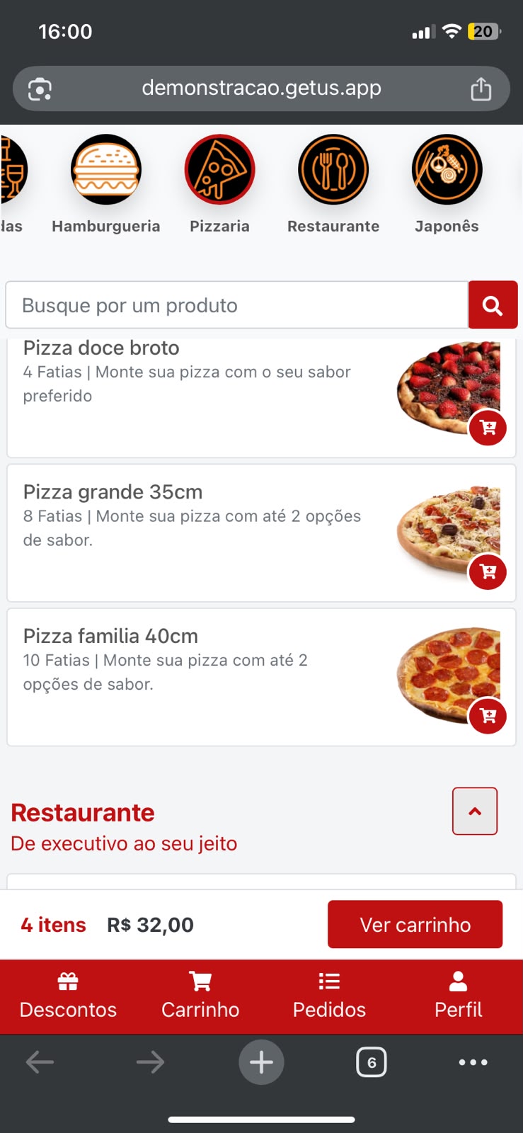 Cardápio digital do Getus Delivery no celular
