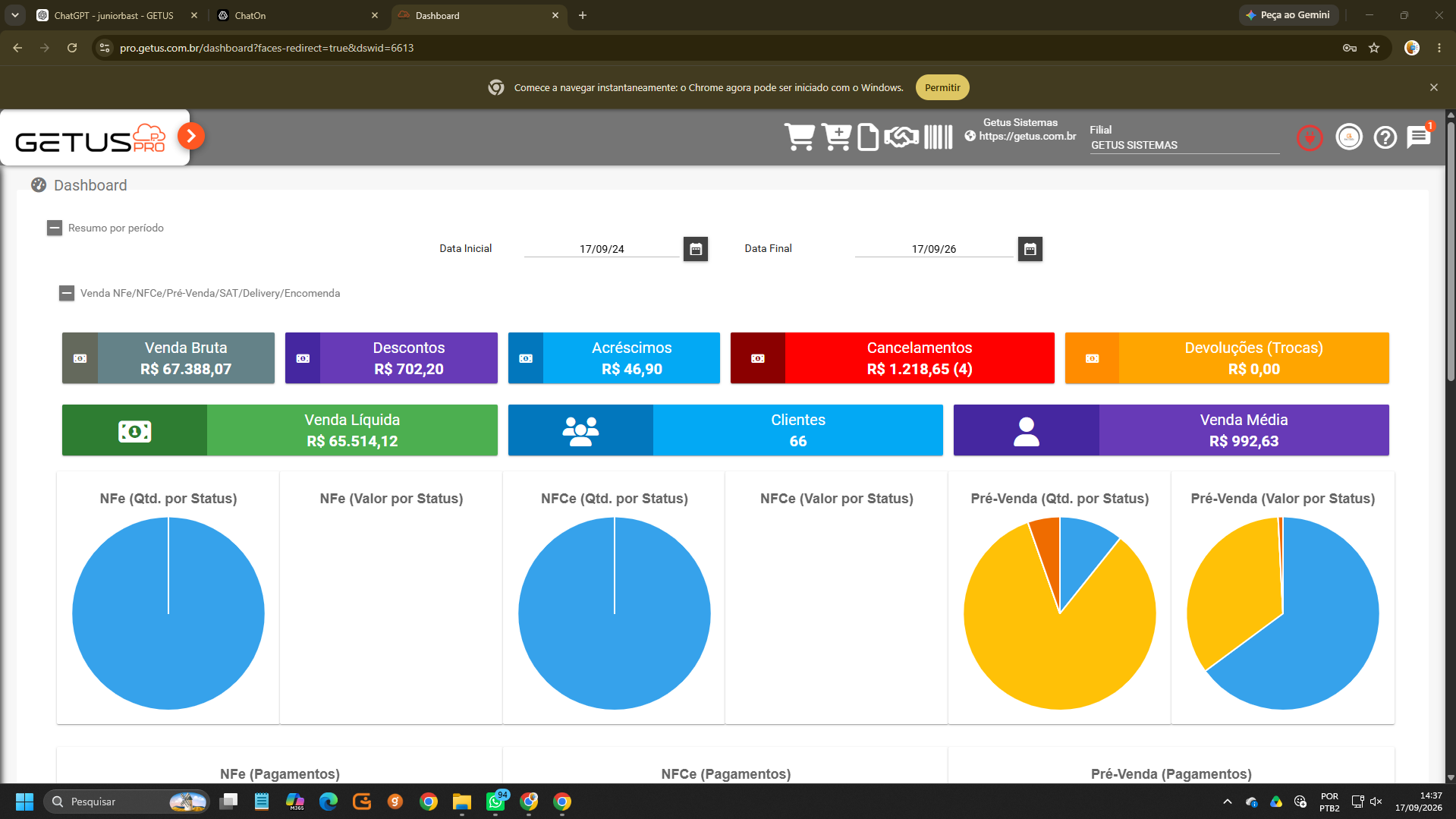 Dashboard do Getus Pro exibido no computador