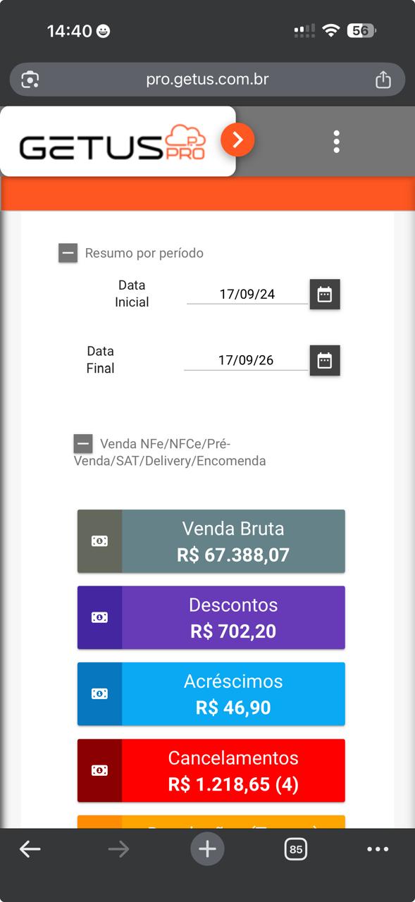 Dashboard do Getus Pro no celular