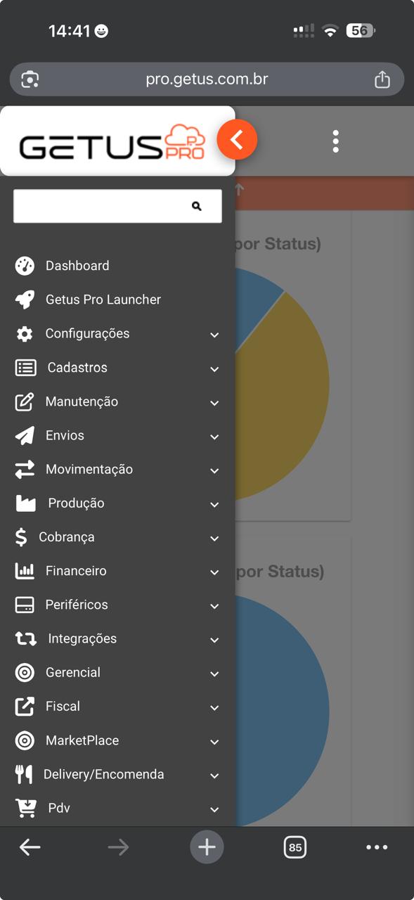 Menu do Getus Pro no celular