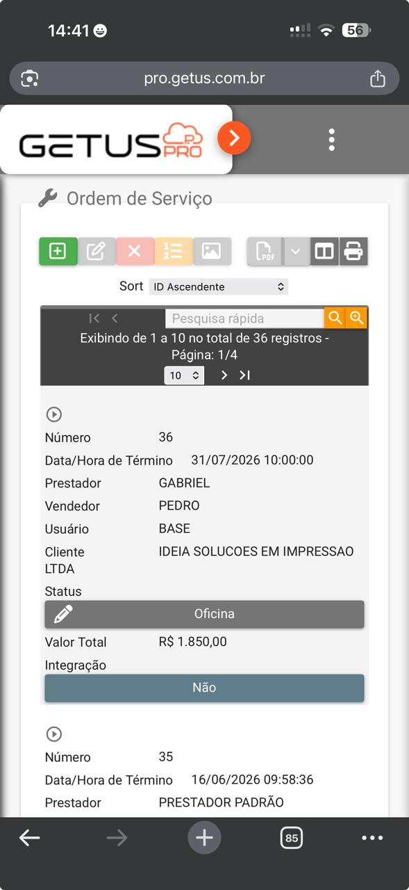 Ordem de serviço do Getus Pro no celular
