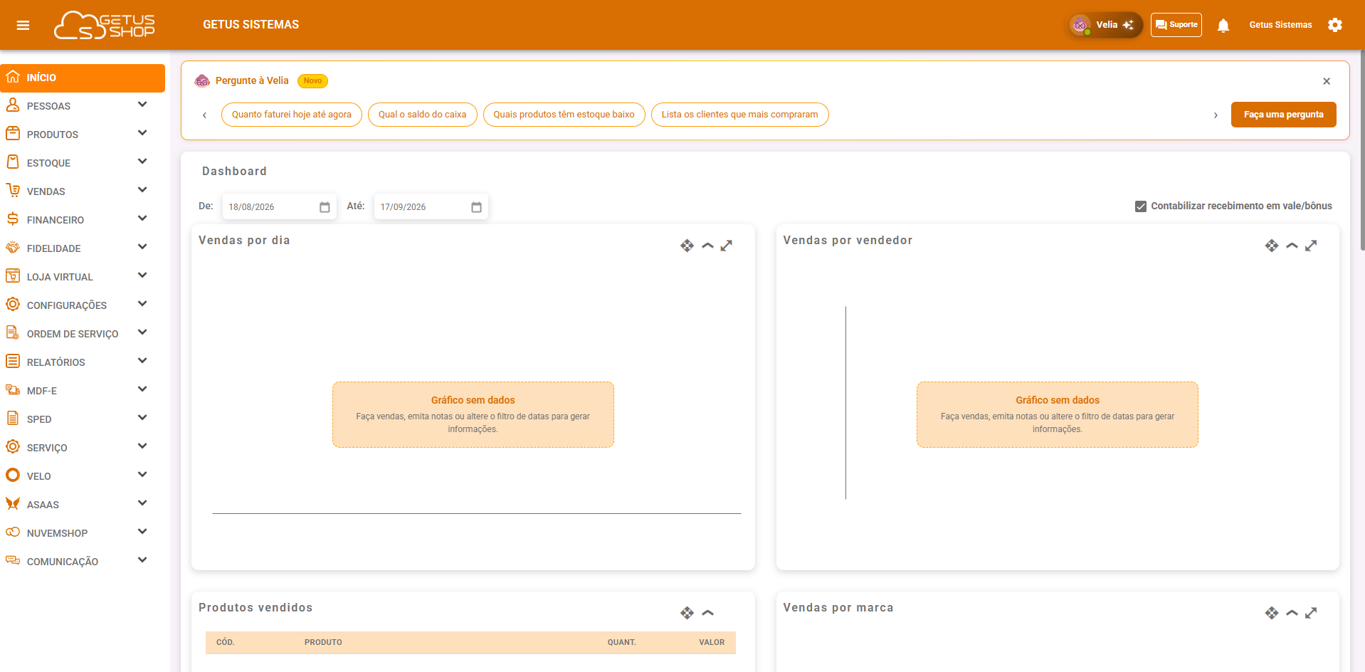 Dashboard do Getus Shop