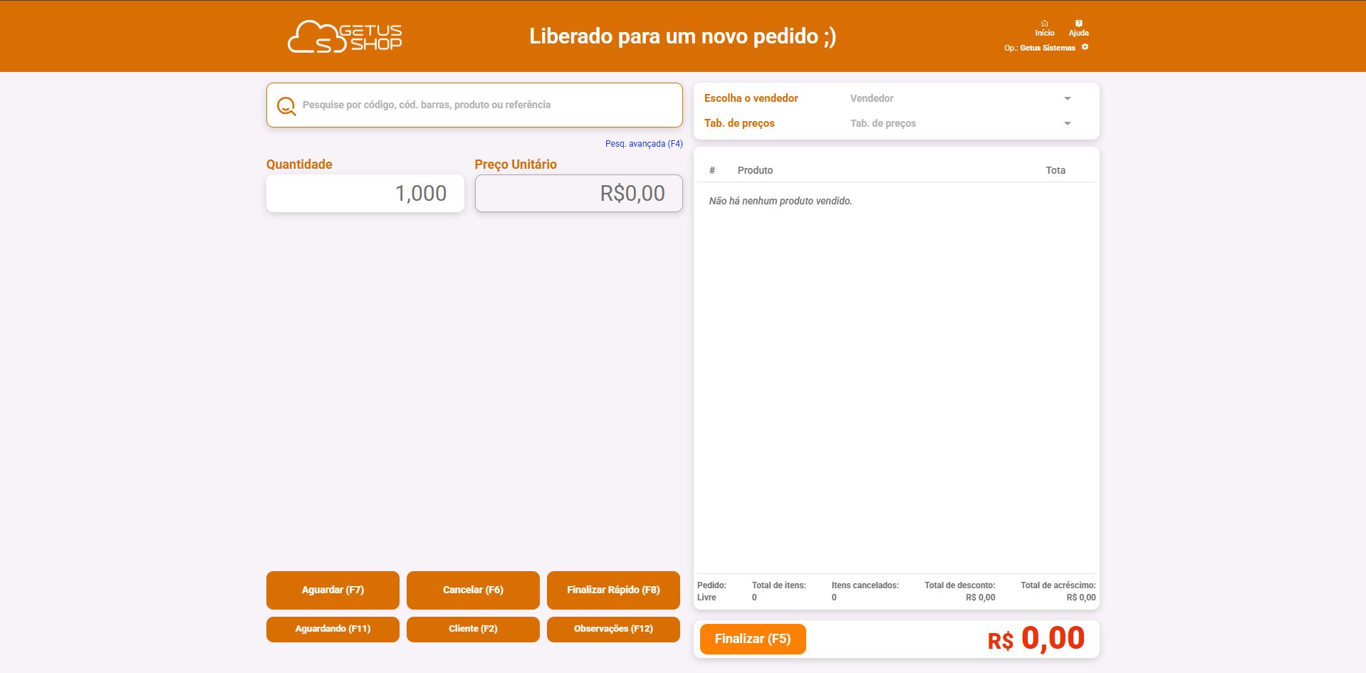 Tela de pedido do Getus Shop